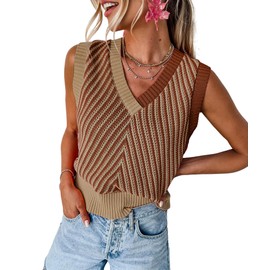 MARZXIN Women Sleeveless Sweater V Neck Casual 2025 Knitted Chevron V Neck Sweater Vest Color Block Pullover Sweater Top Light French Beige M