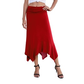 PrinStory Women's Skirts Summer Midi Skirts Flowy Handkerchief Hemline Casual Soft Fit Skirt Asymmetric Skirts (Red, XL)