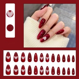 Red Press on Nails Medium Almond Reusable Fake Nails with Glue Pink Heart Stick on Nails Full Cover Glossy False Nails for Women DIY Manicure Decoration, 24PCS