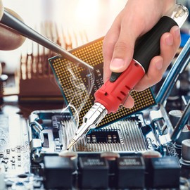Butane Soldering Iron, Cordless Gas Soldering Gun Iron Kit, Portable Professional Soldering Iron Set, 10PCS HS-1115K Multi-Function Butane Gas Soldering Iron(Handle Red)