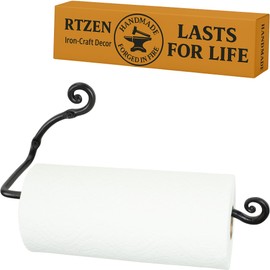 RTZEN Horizontal Black Paper Towel Holder - Handcrafted Rustic Metal Decorative Wrought Iron Decor - Farmhouse Wall Mount Paper Towel Holder for Kitchen or Bathroom
