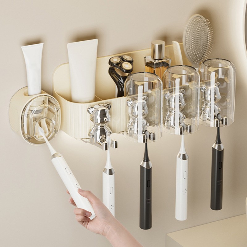 Cute Bear Toothbrush Shelf with Automatic Toothpaste Squeezer Plastic Punch