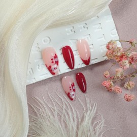 24 Pcs Pink Press on Nails Short Almond,MINGCHUN Summer Fake Nails Press ons Acrylic Nail Art Tip Kit Full Cover False Nails Glue on Nails with Wine Red French Small Flowers Glossy Design for Women