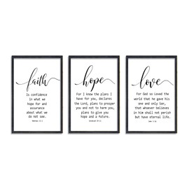 Faith Hope and Love Bible Verses Wall Art Decor 16x11 Inch Set of 3 Wood Framed Sign Christian Quote Faith Scripture Family Religious Wall Hanging (Black)