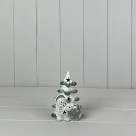 Green/White Ceramic Christmas Tree with Snowman and Reindeer with LED Light Up Ornament Xmas Gift