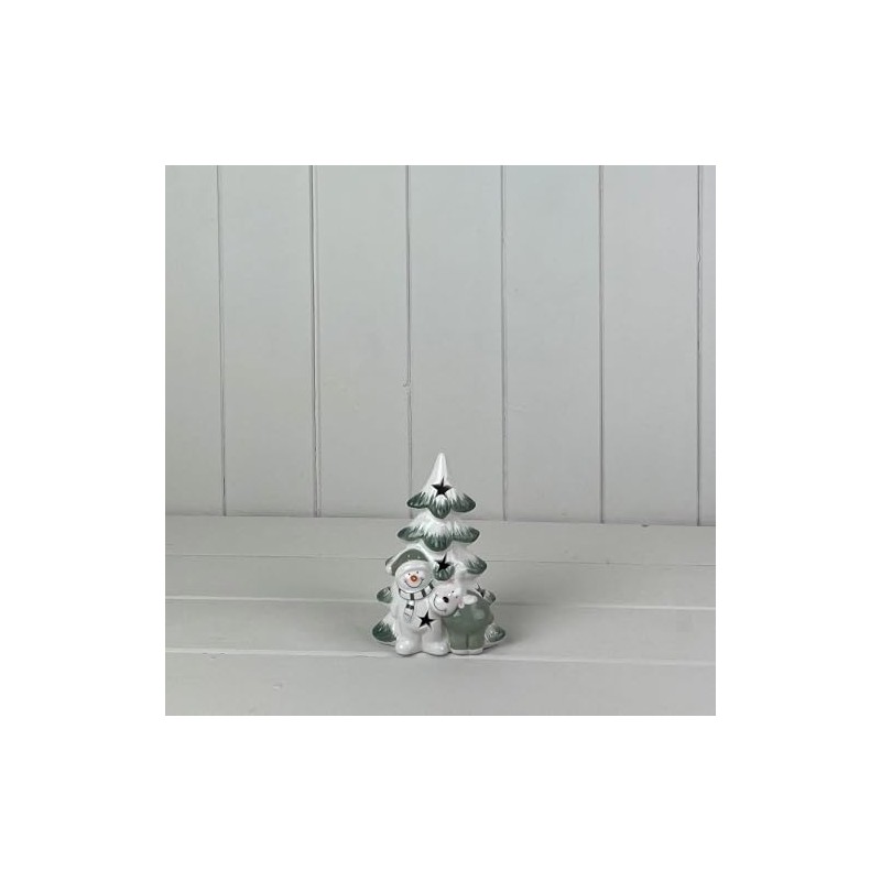 Green/White Ceramic Christmas Tree with Snowman and Reindeer with LED