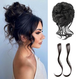 VAVANGA Messy Hair Bun with Bang Set, Natural Black Synthetic Claw Clip Hair Bun and Long Side Curly Air Bangs Clip-in Ponytail Bang Hairpiece for Women(#2)