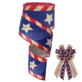 LANGFON 4th of July Fabric Ribbon Patriotic Star Decor Ribbon Brown Strips Burlap Wired Edge Ribbon for Veterans Day Independence Day Wrapping Party Decoration Craft Supplies 10 Yards 2.5 Inch 1 Roll