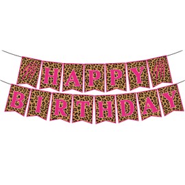 Pink Cheetah Happy Birthday Banner Pre-strung Leopard Print Banner for Girl Birthday Jungle Safari Animal Wild Party Supplies Decor