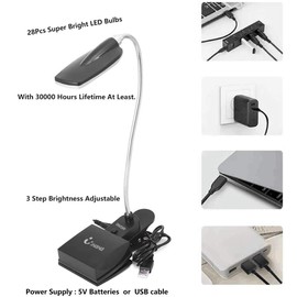 IHAHA Book Light for Reading in Bed,Clip on LED Book Lights, USB/DC and AA Battery Operated Portable Desk Lamp,3 Brightness Levels for Bookworms,Kids,Piano Player,Camping,Travel (Black)