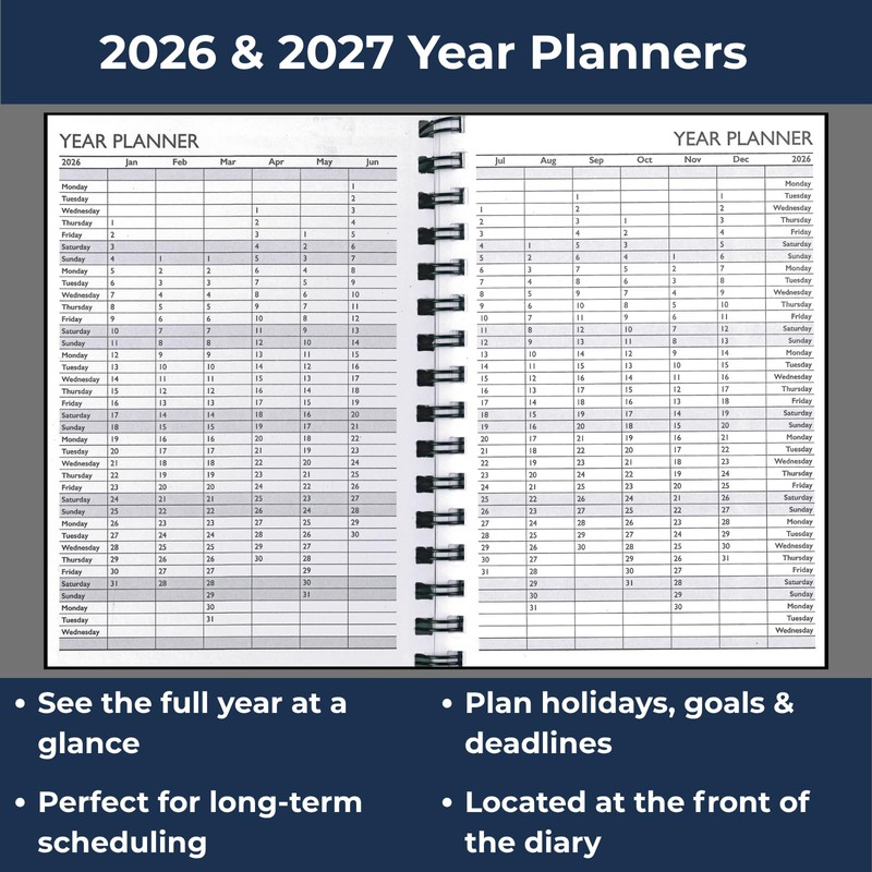 2026 A5 Week to View Diary - Wiro Bound Hardback
