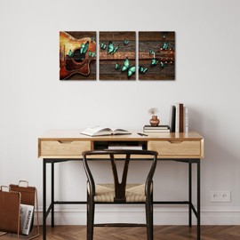 sechars Guitar Wall Art Musical Theme Picture Paintings Vintage Teal and Brown Bedroom Bathroom Canvas Print