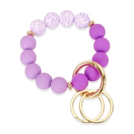 WEESMILE Silicone Key Ring Bracelet, Cute Keychain Wristlet with 2 Key Rings, Elastic Car Key Holder Bangle for Women (Leopard Purple)