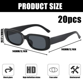 Pack of 20 Vintage Rectangular Sunglasses Men Women Fashion Sunglasses Men Women UV Unisex Black Retro Ultralight Frame Sunglasses Black for Outdoor Travel Driving Fishing Driving Skiing