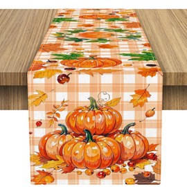Orange Buffalo Plaid Pumpkin Autumn Table Runner,Thanksgiving Holiday Harvest Decoration, Suitable for Indoor Outdoor Kitchen Table Farmhouse Party Theme Decoration，13*108 Inch