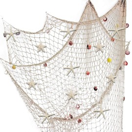 Nature Fish Net Wall Decoration with Shells and 10 Pieces Natural Starfish Fishing Net in Mediterranean Style with Sea Motifs for Beach Parties Weddings Photography Wall Decoration, 150 cm x 200 cm
