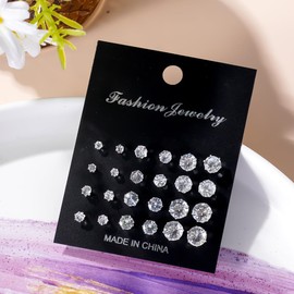 12 Pairs Stud Earrings Set Cubic Zirconia Stud Earrings for Women Small Stainless Steel Earrings Dainty Round Star Heart Square Rhinestone Stud Earring 3-7mm (round shape)