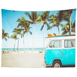 Loccor Beach Car Tapestry Vintage Blue Bus Surfboard Hawaii Wall Tapestry Wall Hanging Surf Tropical Summer Wall Art for Bedroom Living Room Dorm Home Aesthetic Decorations (60x40 Inches)