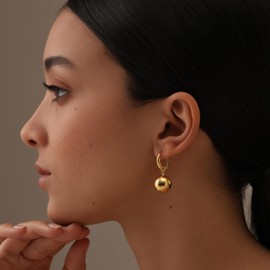 LeCalla 925 Sterling Silver Drop Ball Earrings for Women | 14K Gold-Plated Italian High Polished Round Bead Ball Dangle Leverback Earrings 14MM