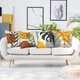 Aoihrraan Cushion Covers Pack of 4, 61 x 61 cm Modern Simple Leaf Decorative Cushion Covers Modern Decorative Square Linen Cushion Covers with Invisible Zip for Sofa Car Bedroom