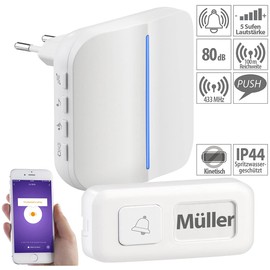 Somikon Bell: WiFi Socket Receiver & Kinetic Bell Push App 100 m 80dB (Wireless Doorbell, Wireless Doorbell Kinetic, Socket Switch)