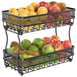 CHLORYARD 2 Tier Fruit Basket Countertop for Kitchen, Vegetable Bread Bowl Storage Stand - Detachable Metal Rectangular Wire Basket, 14-Inch Antique Black