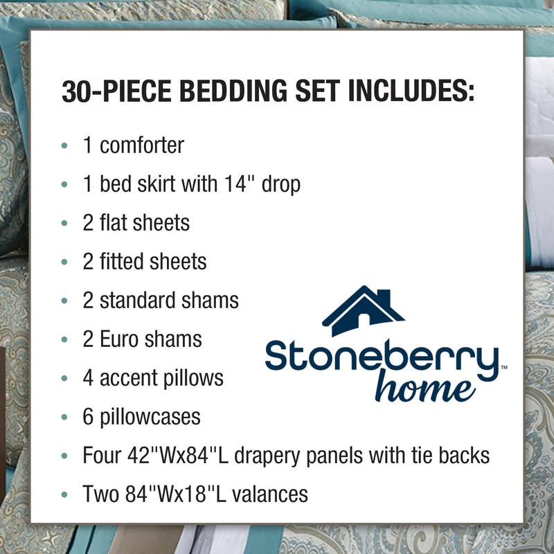 Stoneberry Home 30-Piece Complete Bedding Set with Comforter, Fitted Sheets,