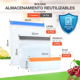 24pcs Bolsas Reutilizables para Alimentos, Bolsas de Almacenamiento con 3 Tamaños Diferentes, Bolsas para Congelar Alimentos con Cremallera,Sin Bpa, para Sándwich,Aperitivos,Carne,Verduras,Frutas,etc