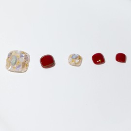 Light Rain Press on Toenails - Budapest, 3D Red Fake Toenails for Women, Luxury Reusable Seven Layers Gel UV Finish Hand Painted Nail Design by Professional Manicurist, Short Square, Large Size