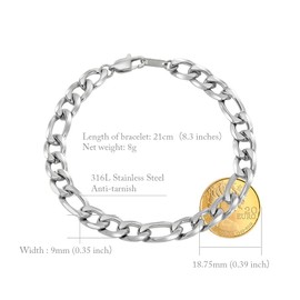 flintronic Men's Stainless Steel Bracelet, Curb Chain Bracelet for Men / Boys, Heavy Links, Cuban Link Bracelet, Bangle, Hip Hop Rapper Fashion Jewellery, 10 mm Wide / 21 cm Long, Stainless Steel