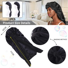 JIRONN 2PCS Satin Silk Hair Bonnet With Tie Band, Large for Braids Sleeping, Adjustable Sleep Cap for Women, Elastic for Long Hair (Purple)