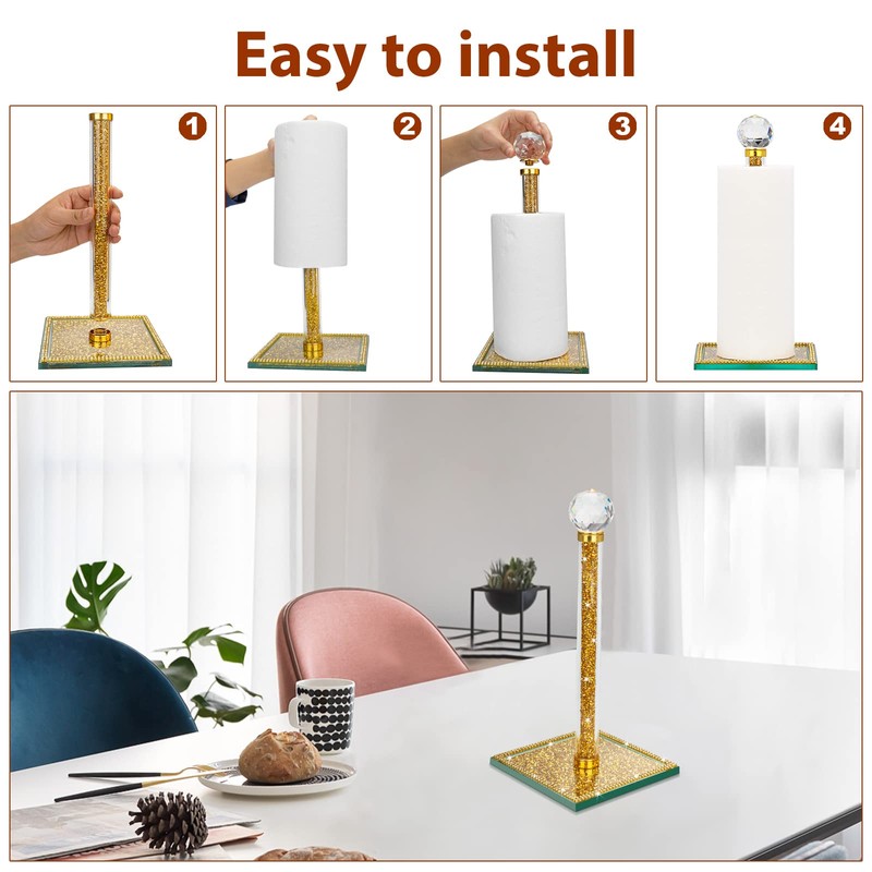 Qiuhome Gold Paper Towel Holder Stand Crystal Paper Towel Holder