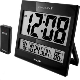 Sharp Atomic Clock – Never Needs Setting, Jumbo 3” Easy-Read Display, Indoor & Outdoor Temperature with Wireless Sensor, Large Digital Wall or Desk Clock, Battery Operated, Auto Atomic Time Sync