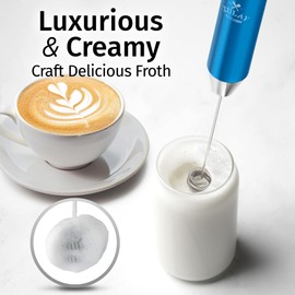 Zulay Kitchen Rechargeable Milk Frother Handheld Lux - Powerful 2-Speed Motor, Waterproof, 2000mAh Battery - Drink Mixer for Latte, Cappuccino, Matcha & Protein Powder - Metallic Blue