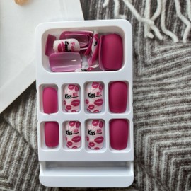 Valentine’s Day Press on Nails Rose Pink Fake Nails Square Medium False Nails with Pink Lip Print Designs Love Glue on Nails White Stick on Nails Full Cover Cute Acrylic Nails Glossy Artificial Nails