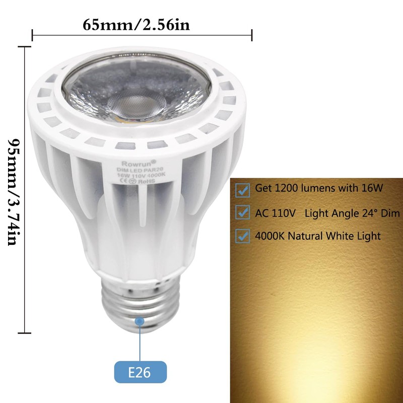 Rowrun PAR20 LED Bulbs 100W Equivalent 16W, Dimmable 3000K Warm