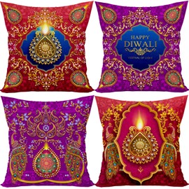 FARMNALL Diwali Throw Pillow Covers 18x18 Set of 4 Diwali Light Diyas Peacock Pillow Case Diwali Decor Indian Diwali Decorations and Supplies for Home
