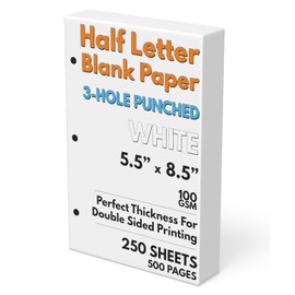 Half Letter Blank Paper, 3-Hole Punched, 250 Sheets/500 Pages, 100 GSM, Printer Paper Binder Refill, 5.5 in. x 8.5 in.