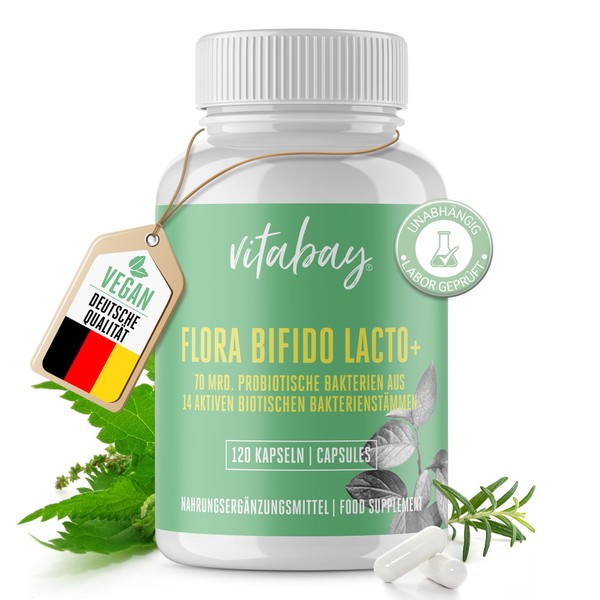 Vitabay Flora Bifido Lacto, 70 billion active bacteria, 14 micro-encapsulated strains, zinc for skin, hair and nails, 120 capsules