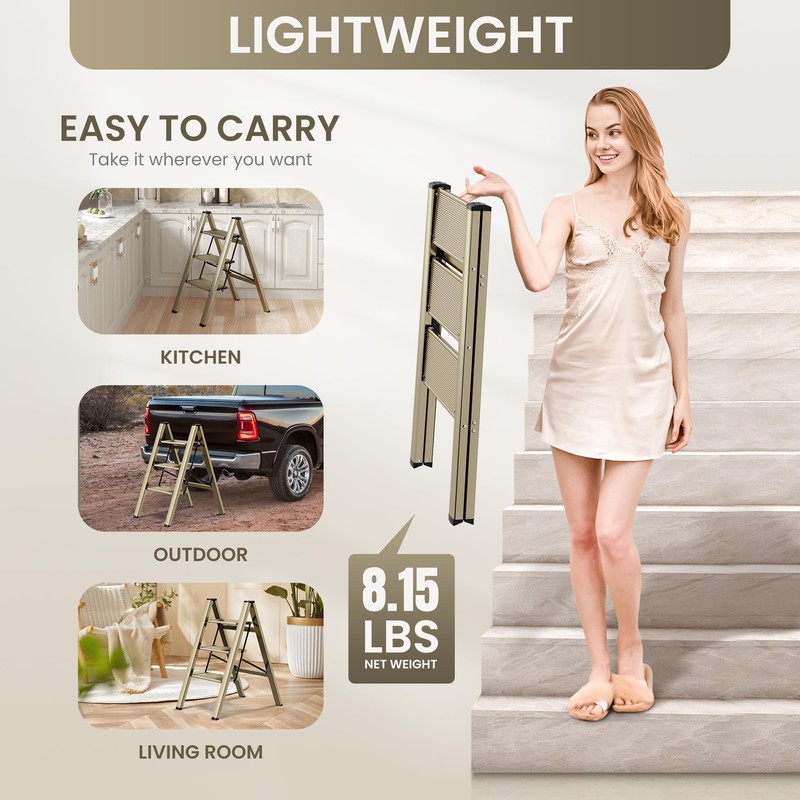 GameGem 3 Step Ladder, Aluminum Folding Step Stool with Anti-Slip