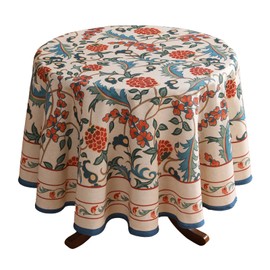 patdrea Designer Floral Linen Table Cloth Durable Breathable Tabletop Cover Dacorative Kitchen Dining Tablecloth for Round Tables for Kitchen Dining Parties,Holiday Christmas,Diameter 55"