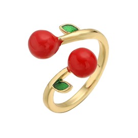 Cute Red Cherry Ring for Women Charm 14k Gold Plated Colorful Enamel Food Fruit Lovely Sweet Statement Adjustable Open Band Finger Ring Comfort Fit Fashion Jewelry, Copper, No Gemstone
