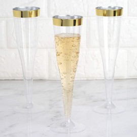 Balsa Circle 24 pcs 6 oz Clear with Gold Rim Plastic Champagne Flutes Glasses - Disposable Wedding Party Catering Tableware