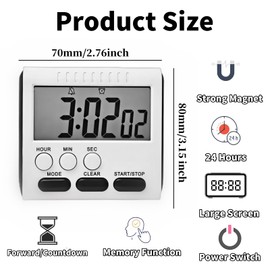 24 Hour Magnetic Timer with Digital Alarm Clock Large Screen, Loud Alarm, Magnetic Back & Hang Hole Kitchen Time with Clip, Fridge Magnet, Stove Timer for Small Spaces Hr Seconds Click Function Black