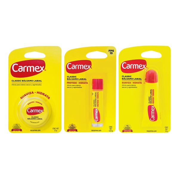 Carmex, Tripack Bálsamo Labial Cassic (Tarro, Barra, Tubo), para Labios