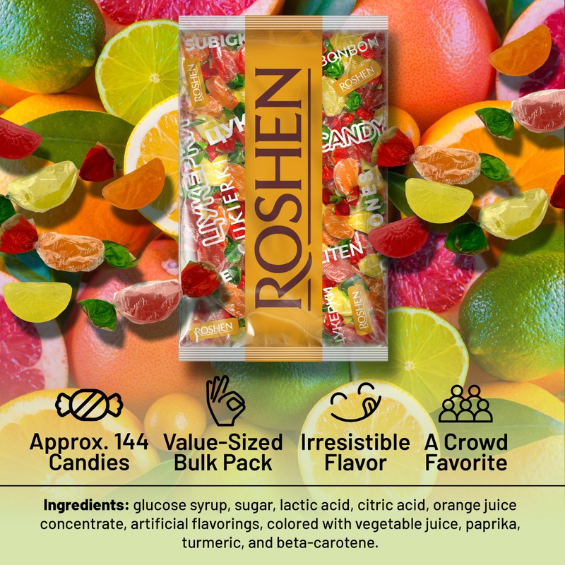 Roshen Hard Candy "Citrus Mix" Kosher and Halal, Delicious, Flavorful