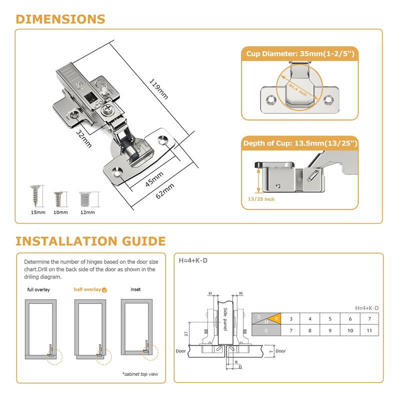 Furniware Pack of 2 Soft Close Cabinet Hinges, Middle Stop