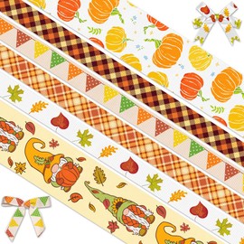 Threetols 6 Rolls 30 Yards Fall Ribbons, Autumn Pumpkin Grosgrain Ribbons Gnomes 3/8" Ribbons Orange Buffalo Plaid Ribbons Maple Leaf Colorful Banner Craft Ribbons for Autumn Thanksgiving Party Supply