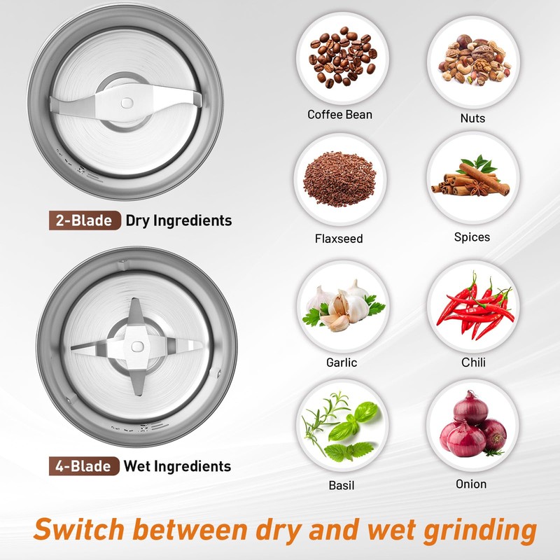 Secura Electric Coffee Grinder and Spice Grinder with 2 Stainless