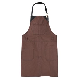 sourcing map No-Tie Twill Apron 84x66cm Split-Leg Leather Reinforcement Adjustable Chef Apron with 6 Pockets for Men and Women, Brown